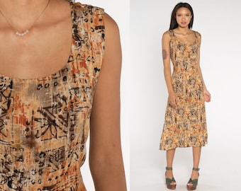 90s Floral Dress Geometric Tropical Flower Print Midi Dress Tan Brown Hippie Bohemian Vintage 1990s Sun Sleeveless Summer Rayon Petite Large