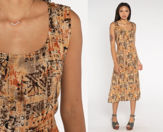 90s Floral Dress Geometric Tropical Flower Print Midi Dress Tan Brown Hippie Bohemian Vintage 1990s Sun Sleeveless Summer Rayon Petite Large