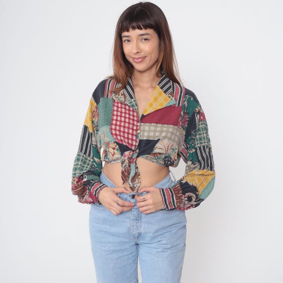 Patchwork Crop Top 90s Vintage Button Down Mixed Patterns Multicolor Floral Check Stripe Tie Front Bohemian Long Sleeve Blouse Rayon Medium