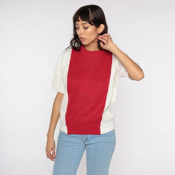 80s Cheerleader Sweater Knit Short Sleeve Color Block White Red Stripe Preppy Retro Pullover Sports 1980s Vintage Acrylic Top Medium