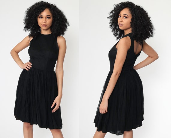60s Party Dress Midi Black Chiffon Dress Party Dress 1960s Full Skirt Fit and Flare Dress Cocktail Formal Vintage Sleeveless Extra Small xs