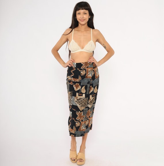 90s Abstract Floral Wrap Skirt Black Brown Botanical Leaf Print Midi Button Side Tie Waist Grey Tan Patchwork Geometric Rayon Small S