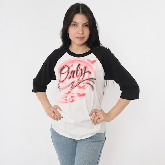 Vintage 90s Airbrushed Baseball Tee Shirt Black White Raglan Shirt Only Butterfly Graphic 1990s Soft Cotton 3/4 Sleeve Small S