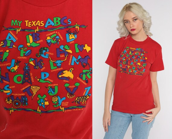 90s Texas Tshirt ABCs Shirt Graphic Tee Shirt 90s T Shirt Retro Print Southwest Travel 1990s Vintage Red Cowboy Animal Shirt Extra Small xs