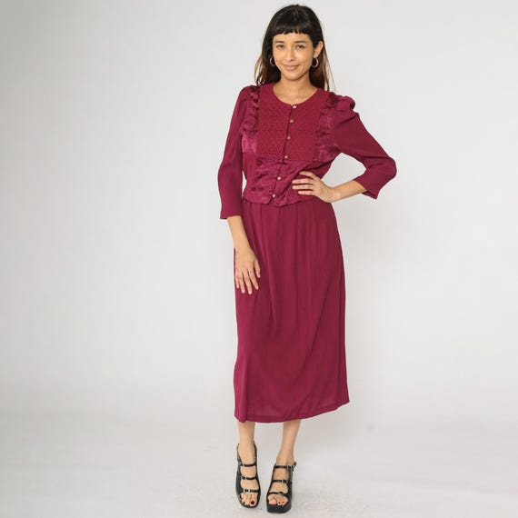 Vintage Raspberry Boho Grunge Dress 90s Lace Floral Jacquard Button Up Midi Dress 1990s Long Sleeve High Waist Dress Medium
