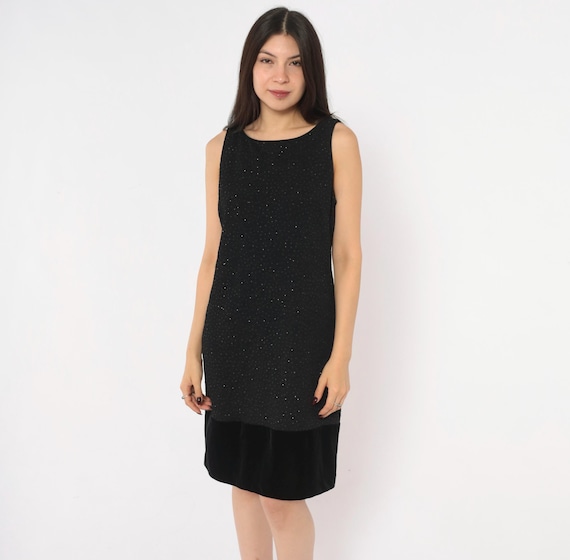 90s Black Sparkle DressSleeveless Velvet Trim Hem Scoop Neck V Back Knee Length Shift Cocktail Party Little Black Glitter Medium M