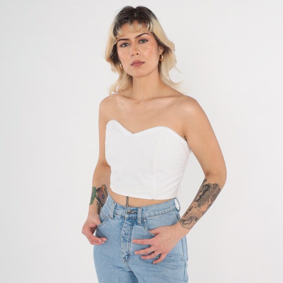 Vintage White Bustier Top 80s Corset Bra Crop Top Strapless Sweetheart Neckline Pearl Beaded Shirt Smocked Retro Sexy 1980s Medium Large