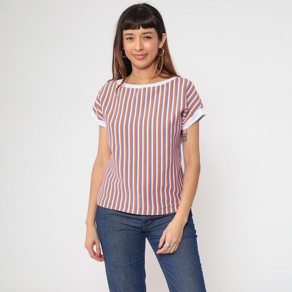 Vintage 80s Striped Shirt White Orange Blue Ringer Tee Short Cap Sleeve Blouse Retro Casual Basic Top 1980s Medium