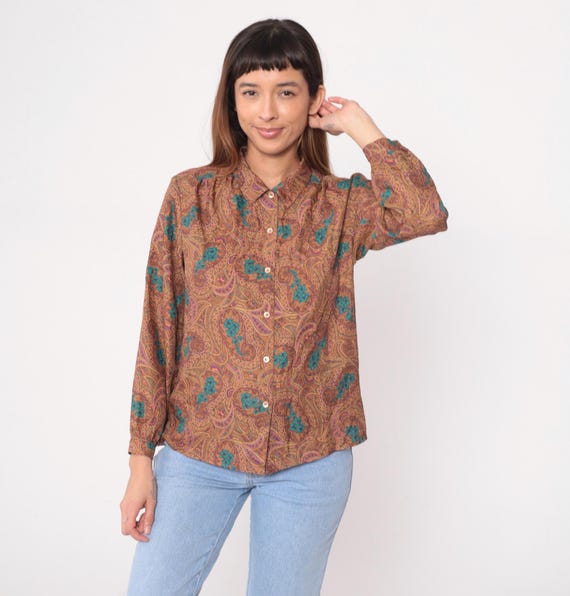 70s Paisley Shirt Brown Teal Turquoise Long Sleeve Collar Vintage Blouse Bohemian Psychedelic Floral Top Disco Era Hippie Groovy Medium M