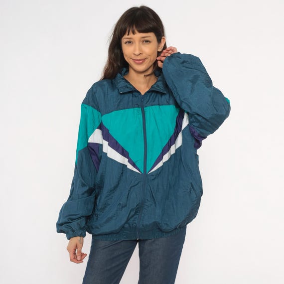 90s Windbreaker Teal Colorblock Navy Purple White Chevron Stripe Jacket Champs Athletic Sportswear Unisex Vintage Track Coat Extra Large XL