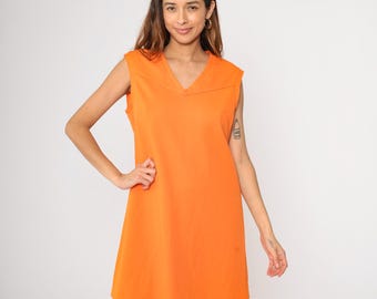 Orange Mod Mini Dress 70s V Neck Dress 60s Shift Sleeveless Space Age 1970s Gogo Vintage Twiggy Plain Minidress Medium Large 10/12