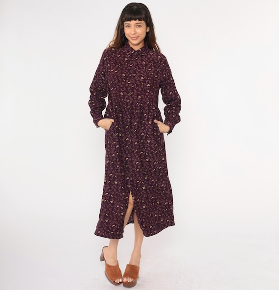 90s Floral Corduroy Dress Purple Button Up Boho Midi 1990s High Waist Shirtdress Bohemian Long Sleeve Pockets Cotton Large xl