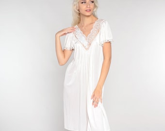 White Lace Nightie 80s Lingerie Nightgown Short Sleeve Floral Slip Sleep Knee Length Mini Dress Romantic Retro Sexy Vintage 1980s Medium M