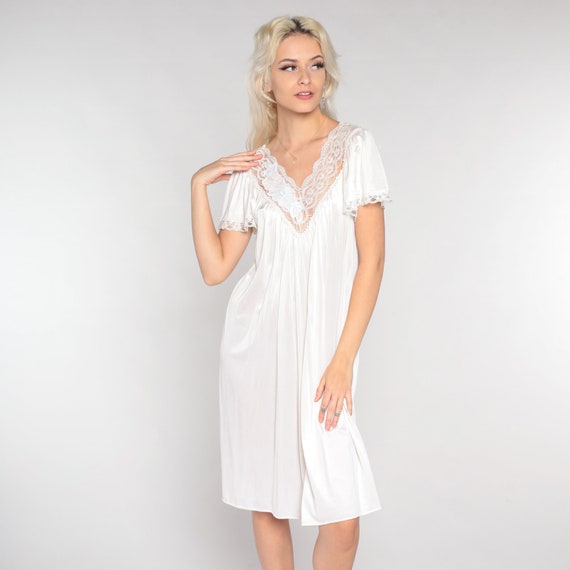 White Lace Nightie 80s Lingerie Nightgown Short Sleeve Floral Slip Sleep Knee Length Mini Dress Romantic Retro Sexy Vintage 1980s Medium M