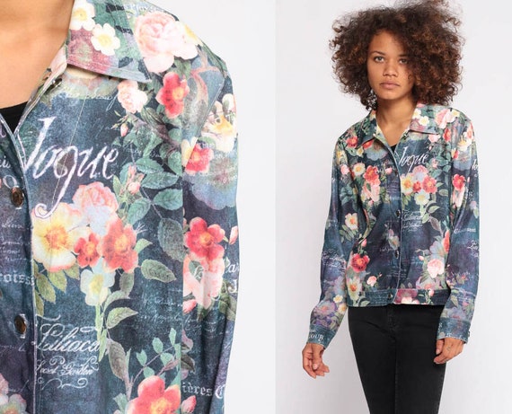 Floral Jacket 90s Button Up Shirt Floral Top Light Jacket Boho Long Sleeve Top Grunge Blouse 1990s Vintage Blue Extra Small xs