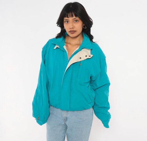 80s Oshkosh Teal Bomber Jacket Zip Front Cotton Padded Coat Turquoise Blue Snap Collar Boxy Windbreaker Ski Outdoor Womens Vintage Small S