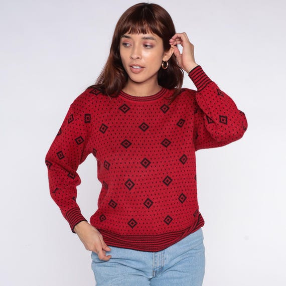 80s Geometric Sweater Red Diamond Pattern Black Dot Crew Neck Vintage Burgundy Preppy Pullover Knit Top Ribbed Cuff Striped Trim Small S