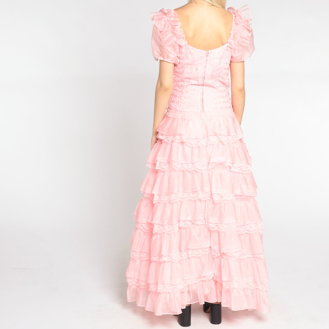 Pink Ruffled Gown 80s Prom Dress Ruffle Sheer Puff Sleeve Maxi Etsy