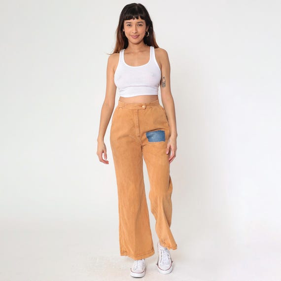 70s Bell Bottom Patch Trousers Tan Cotton Wide Leg Pants High Waisted Rise Boho Hippie Slacks Retro Seventies Vintage 1970s Small 27