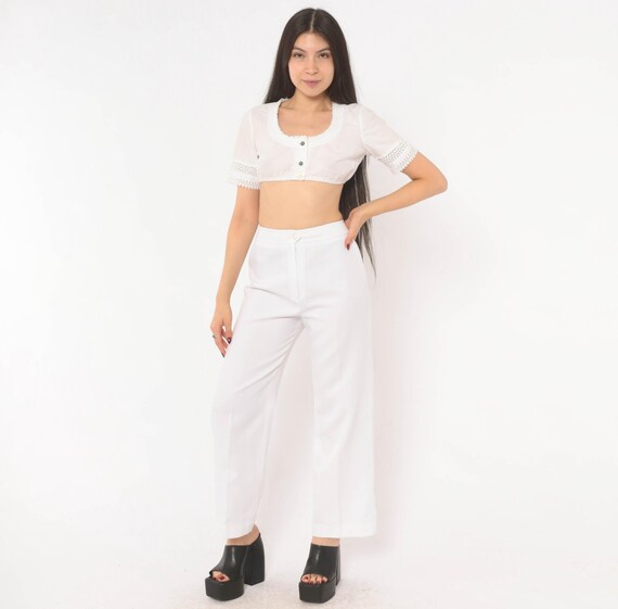 70s White Wide Leg Trousers High Rise Ivory Cream Pants Straight Pressed Crease Disco Era Vintage Slacks Off White Dressy Bottoms Small S