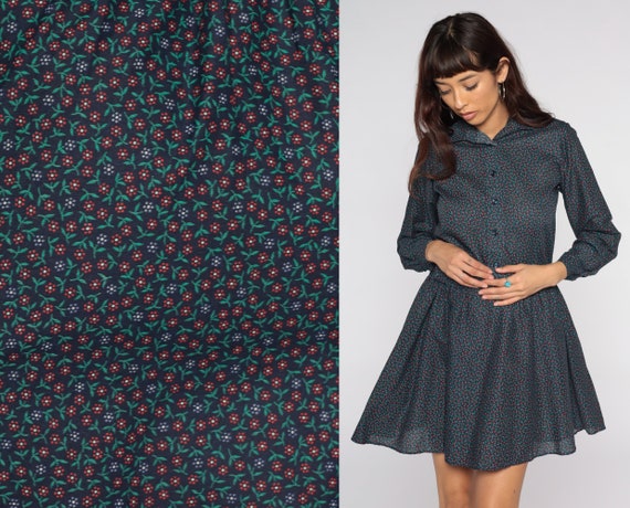 80s Floral Dress Blue Mini Boho Calico Print Dress Button Up Dress Vintage Dark Blue 1980s Low Waist Bohemian Long Sleeve Small Medium
