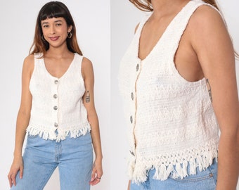 Knit Fringe Tank Top 90s Crop Top Off-White Southwestern Zig Zag Vest Concho Button Up Bohemian Blouse Hippie Boho Vintage 1990s Small