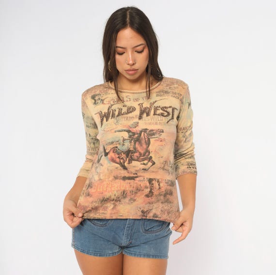 Y2K Western Graphic Top Beige Cowgirl Horse Print Long Sleeve Tan Shirt Rhinestone "Girls of The Wild West" Rodeo Blouse Vintage Small S