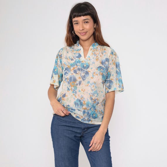 70s Floral Blouse Blue Cream Orange Mint Watercolor Impressionist Short Sleeve Vintage Top Abstract Summer Casual Artsy Garden Medium M