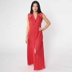 Vintage Red Lace Nightgown 80s Sheer Open Back Lingerie Maxi Slip Dress Deep V Neck Empire Waist Sleeveless Romantic Front Slit 1980s Medium