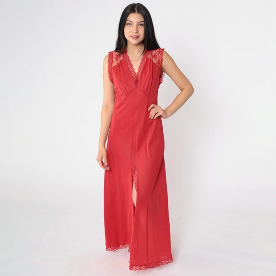 Vintage Red Lace Nightgown 80s Sheer Open Back Lingerie Maxi Slip Dress Deep V Neck Empire Waist Sleeveless Romantic Front Slit 1980s Medium