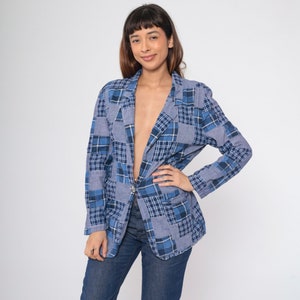 80s Plaid Blazer Blue Patchwork Chambray Jacket Checkered Button Up 1980s Vintage Academia Retro Collegiate Preppy Deep V Neck Small