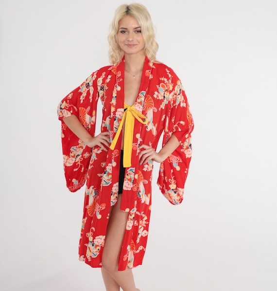 Red Floral Kimono 80s Robe Jacket Bohemian Tie Front Asian Inspired Flower Crane Bird Print Hippie Japanese House Coat Vintage 1980s Medium