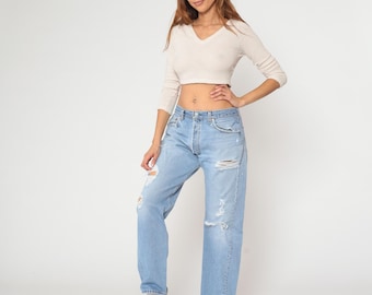 Jeans Levi's 501 strappati anni '90, denim azzurro chiaro, strappati, distrutti, grunge, vintage, sbiaditi, rovinati, vestibilità comoda, streetwear, extra large, XL