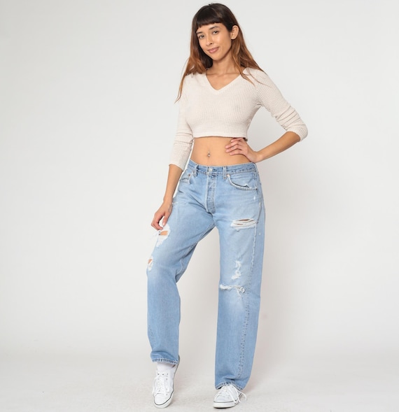 90s Distressed Levi's 501 Jeans Light Blue Denim Ripped Destroyed Grunge Alt Vintage Faded Distressed Relaxed Fit Streetwear Extra Large XL