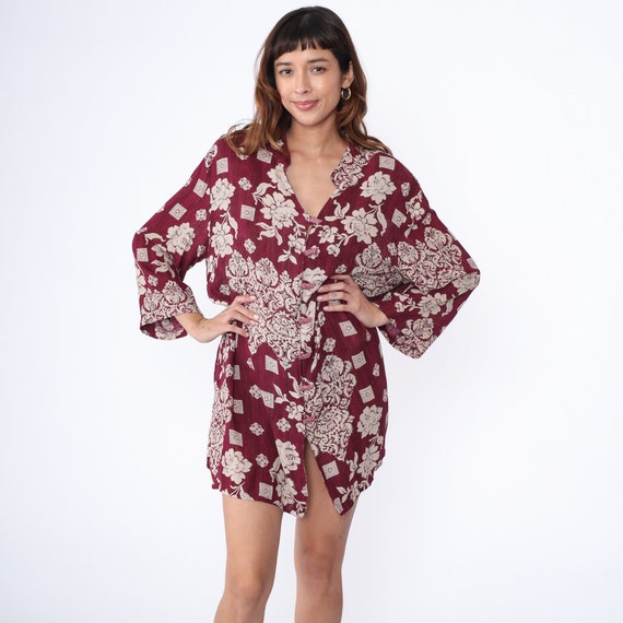 Floral Mini Shirt Dress 90s Burgundy Mandarin Collar Shirtdress Button Up Shirt Boho Micro Mini Blouse Vintage 1990s Long Sleeve Medium
