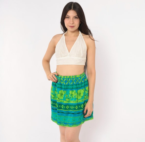 90s Green Floral Mini Skirt Blue Teal Striped Geometric Diamond Border Print Gathered Elastic Waist A Line Tropical  Vintage Extra Small XS