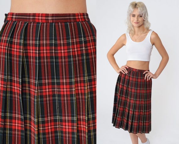 Plaid Wool Skirt 80s Midi Schoolgirl Skirt Red Retro Preppy