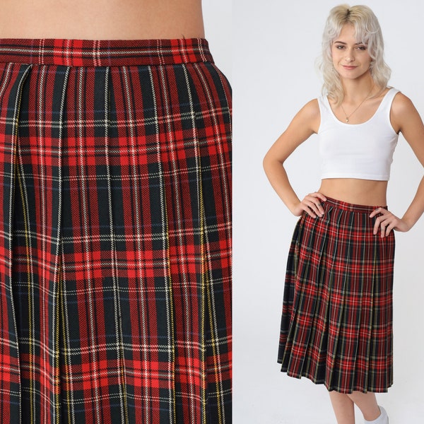 Plaid Wool Skirt 80s Midi Schoolgirl Skirt Red Retro Preppy Secretary Pleated Checkered High Waisted Tartan Vintage 1980s Extra Small xs