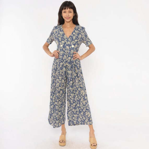 90s Floral Jumpsuit Blue Cream Wide Leg Wrap Front V Neck Short Sleeve Button Detail Pleated Waist Back Tie Cropped Cobalt Navy Medium M