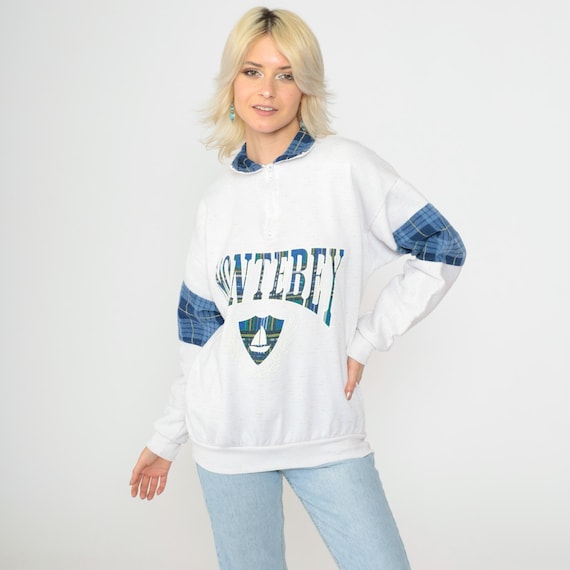 Vintage Monterey California Sweatshirt 90s Sailboat Shirt Monterey Bay Pullover White Quarter Zip Jumper Nautical Plaid Graphic 1990s Medium