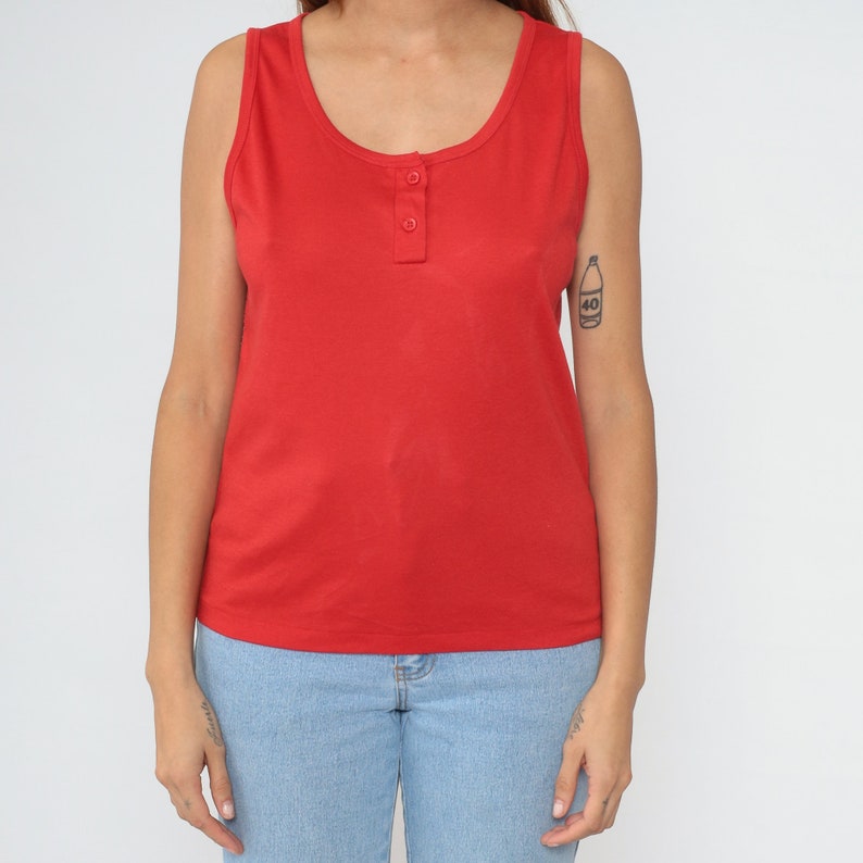 Red Tank Top 80s Cotton Henley Tank Plain Retro Button Up Sleeveless Shirt Simple Basic Tee Casual T-Shirt Vintage 1980s Medium M image 6