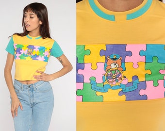 Sailor Bear T Shirt Y2k Cropped Shirt Yellow Teddy Bear Puzzle Graphic TShirt Crop Top Retro Baby Tee Cute Kawaii Vintage 00s Extra Small XS