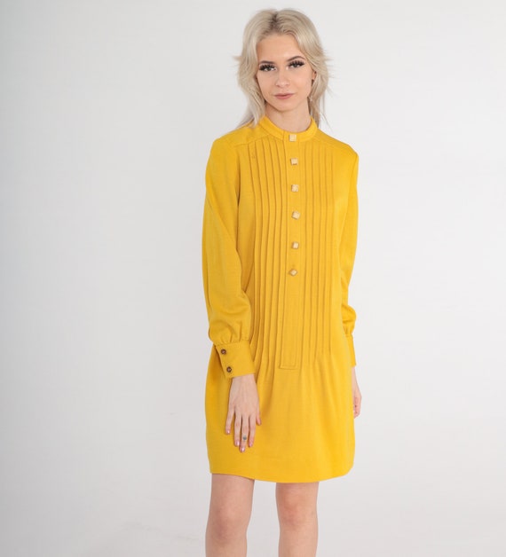 Mod Mini Dress 60s Yellow Wool Blend Dress 70s St… - image 4