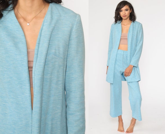 Two Piece Outfit Bell Bottoms PANTS + JACKET 70s Jumpsuit Set Disco Shirt High Waist Bohemian Top Vintage Trousers Boho Baby Blue Medium 8