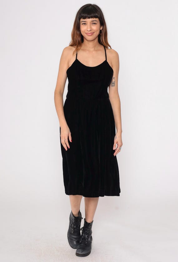 Black Velvet Dress 90s Grunge Midi Spaghetti Strap Minimalist Y2K Gothic Goth Alternative Vintage Sleeveless Party Club Festival  Large L