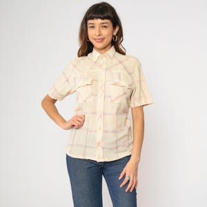 70s Gauze Plaid Shirt Cream Western Yoke Button Up Shirt Indian Checkered Print Retro Preppy Top Short Sleeve Vintage 1970s Men&#39;s Medium