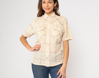 70s Gauze Plaid Shirt Cream Western Yoke Button Up Shirt Indian Checkered Print Retro Preppy Top Short Sleeve Vintage 1970s Men's Medium