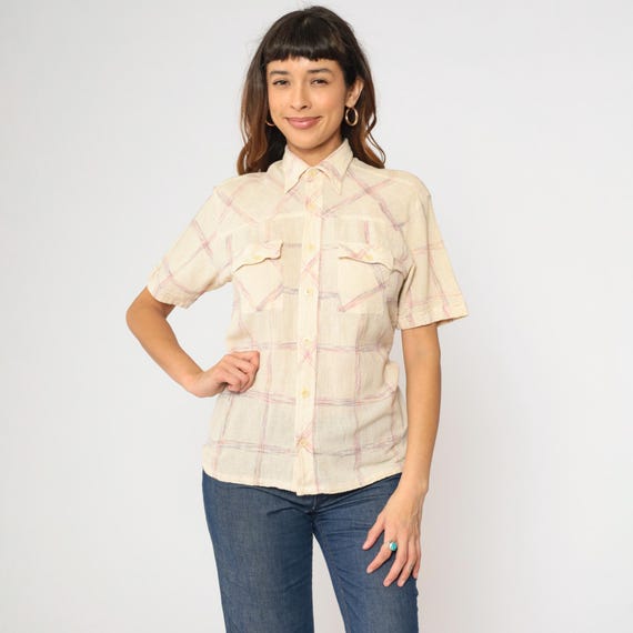70s Gauze Plaid Shirt Cream Western Yoke Button Up Shirt Indian Checkered Print Retro Preppy Top Short Sleeve Vintage 1970s Men's Medium