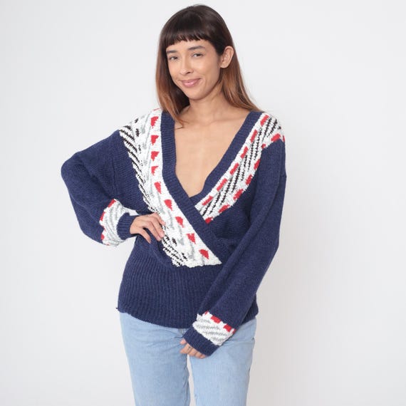 V Neck Cardigan 80s Sweater Navy Blue Pullover Red White Geometric Knit Slouchy Fit Graphic Print Balloon Sleeve Large L