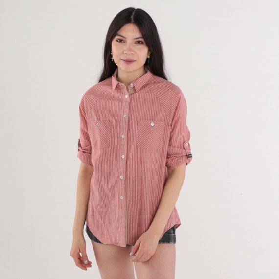 80s Striped Shirt Button Up Blouse Red Tan Railroad Stripes Preppy Collared Long Raglan Roll Tab Cuffed Sleeve Top Vintage 1980s Small S